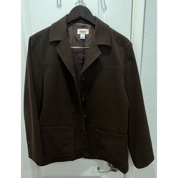 Talbots Womens Jacket Small S Brown Faux Suede Microfiber Stretch Button Front - Picture 2 of 6